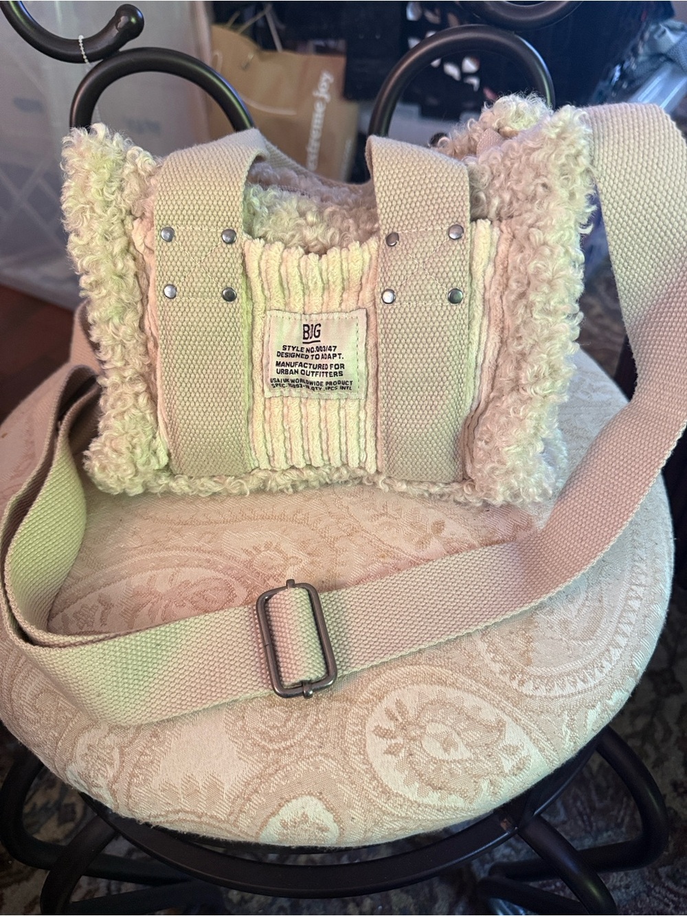 BDG Cream Sherpa Crossbody Bag with Canvas Strap